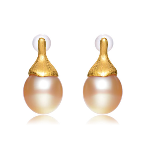 zhuella/珠艾乐 10-11mm水滴南洋金珠银杏叶耳环