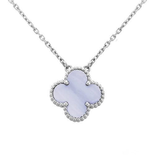 Van Cleef & Arpels/梵克雅宝 经典Vintage Alhambra系列 18K金白金镶嵌紫玉髓四叶草幸运项链