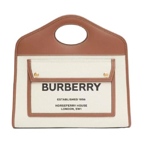 BURBERRY 22年秋冬 女士 小号双色帆布拼皮革口袋托特包 80367841 预定商品1-3周发货