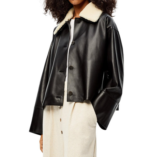 LOEWE/罗意威      女士黑色/象牙色纳帕皮革和剪羊毛领夹克S359Y19L12-1132