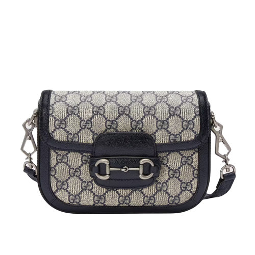 Gucci/古驰 22春夏新款1955系列 女士迷你米色/蓝色提花帆布配蓝色皮革红蓝尼龙织带马衔扣老花斜挎单肩包 65857496IWN4076