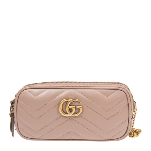 GUCCI/古驰 GG Marmont系列女士纯色波浪纹绗缝牛皮经典金属双G字母徽标装饰双拉链开合迷你单肩包斜挎包链条包女包 546581-DTDCT 多色可选