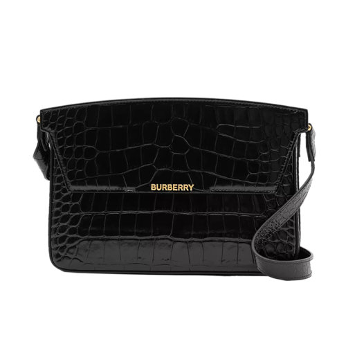 BURBERRY/博柏利 22新款 Catherine系列 女士黑色鳄鱼纹压纹皮革金色徽标压花翻盖磁扣开合调节皮革肩带单肩斜挎包80611771