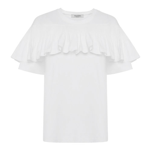 Valentino/华伦天奴 白色 女士荷叶边设计短袖T恤 TB0MG06J5G40BO 2020年春夏