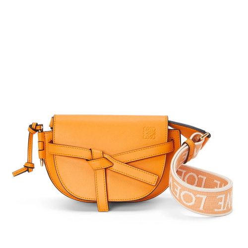 LOEWE/罗意威 22新款Gate Dual系列 女士迷你款橘色牛皮革提花织物肩带翻盖开合单肩斜挎包腰包A650N46X13-9130