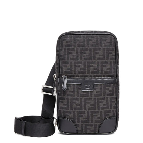 FENDI/芬迪 21新款 男士灰色黑色FF图案提花布料皮革饰边竖款斜挎单肩旅行背包7VZ064AG0MF0NPN