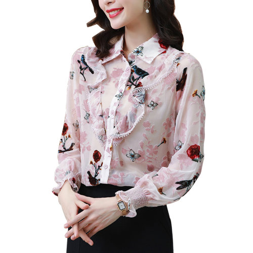 GeleiStory/GeleiStory 春季新款衬衫女装翻领松紧荷叶边植绒蕾丝设计感小众显瘦上衣  女装＞女士衬衫＞女士长袖衬衫