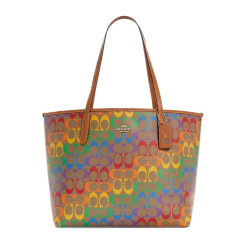 COACH/蔻驰 女士卡其色PVC配皮经典双C彩虹字母徽标印花装饰按扣开合单肩包手提包托特包购物包女包 C4181IMMU4