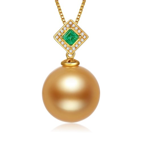 SANDYRILLA/仙蒂瑞拉祖母绿款13-14mm正圆南洋金珍珠18K金钻石吊坠