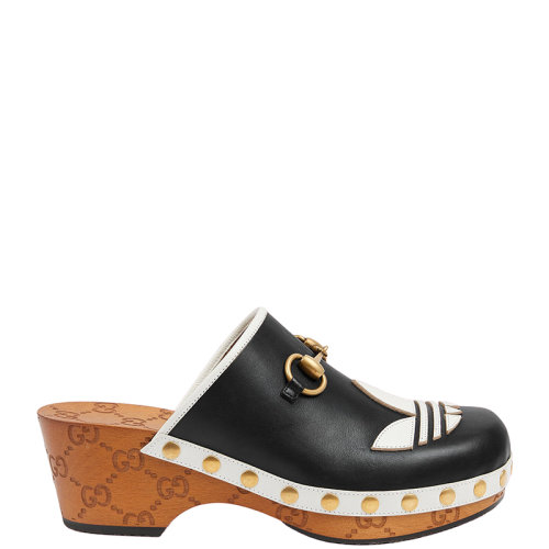 GUCCI/古驰 22年秋冬新款 adidas联名系列 女士黑色/米白色皮革马衔扣木底凉鞋拖鞋702218DTNP01060