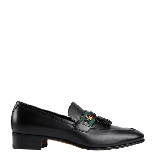 GUCCI/古驰 男士黑色光面皮革饰织带流苏互扣双G乐福鞋6247201W6101066