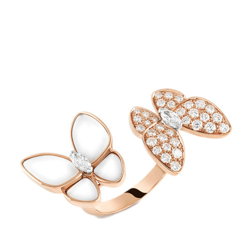 Van Cleef & Arpels/梵克雅宝 经典Deux Papillons系列 18K金玫瑰金镶钻白珍珠母贝双蝴蝶开口戒指指环VCARO7AL00