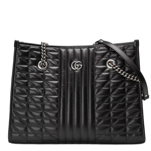 GUCCI/古驰 GGMarmont系列 女士中号黑色绗缝皮革银色饰面翻盖斜挎单肩包