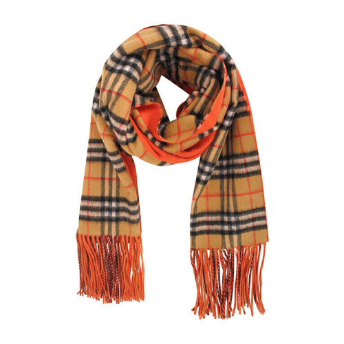 BURBERRY/博柏利 女士橘黄色羊绒格纹流苏经典复古围巾围脖披肩8004553
