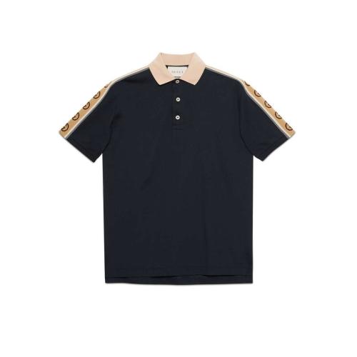  GUCCI古驰 22年秋冬 男士 饰互扣式双G条纹棉质Polo衫 598949 XJB0Q 4685
