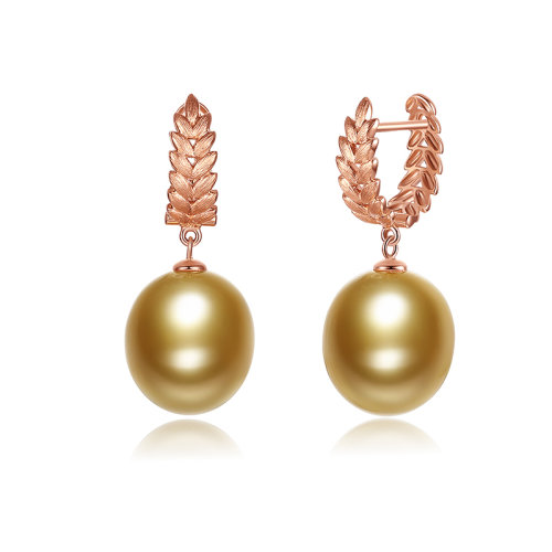 SANDYRILLA/仙蒂瑞拉 稀有异形11-12mm光亮浓金色珍珠耳饰18K金耳环