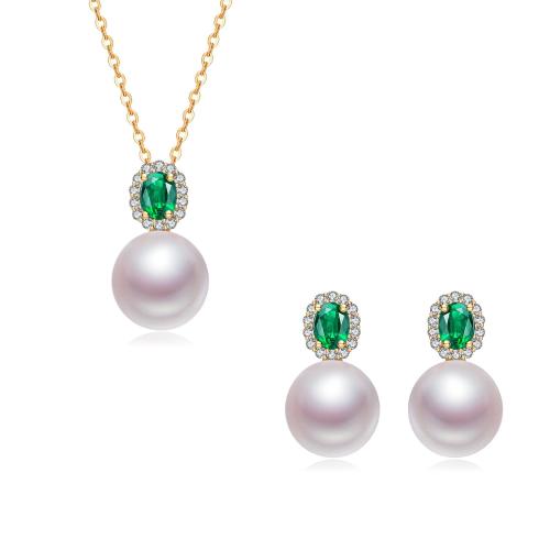 zhuella/珠艾乐18k金粉白黛绿日本akoya海水珍珠吊坠+耳环套装