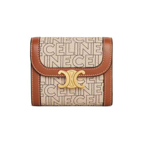 CELINE/赛琳 23春夏新款 女士自然色/棕褐色织物配皮通体印花小牛皮饰边金色金属搭扣翻盖按扣开合钱包10D782ES1.02NT