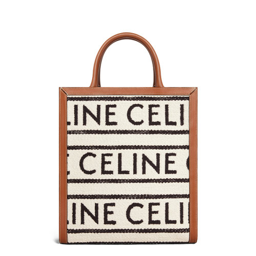 CELINE/赛琳 22新款VERTICAL TEXTILE系列 女士小号织物黑色白色条纹徽标印花皮革细节配可拆卸棕色皮革肩带单肩斜挎托特包192082EFY.01WB