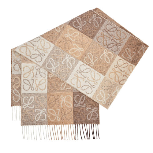 LOEWE/罗意威新款 ANAGRAM系列 女士白色/米色羊绒羊毛双色棋盘格流苏围巾0010478238