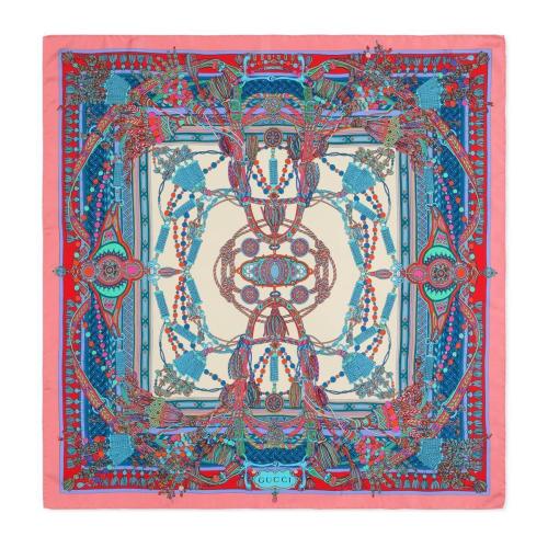  GUCCI古驰 22年秋冬 女士 流苏和链条印花真丝围巾 647481 3G001 5874