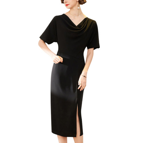 GeleiStory/GeleiStory 春夏新款女装气质通勤风V领收腰系带修身纯色开叉中长小黑连衣裙 女装>女士裙装>女士连衣裙