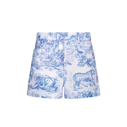 DIOR/迪奥 DIORIVIERA系列 22年秋冬新款 女士矢车菊蓝色纯棉牛仔布茹伊印花图案短裤242P26A3526_X5881