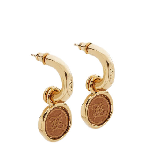 FENDI/芬迪  KARLIGRAPHY系列 金色金属棕色皮革细节Karligraphy FF印章垂坠耳环8AH340AGQCF1FMU