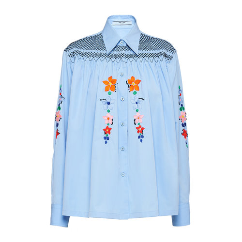 PRADA/普拉达 浅蓝色 女士秀款花卉刺绣长袖衬衫