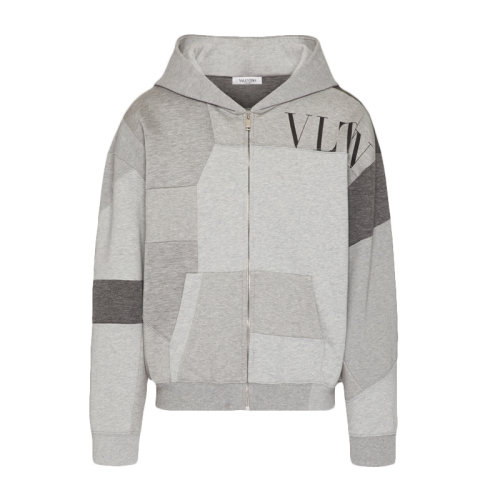 Valentino/华伦天奴 男士灰色拼色棉质混纺锦纶经典字母徽标印花装饰兜帽式长袖上衣卫衣外套 WV3MF19E-7CW-080