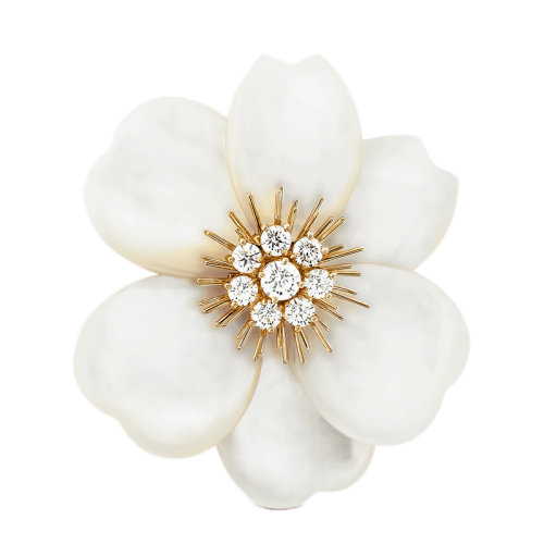 Van Cleef & Arpels/梵克雅宝 经典Rose de No?l系列 18k金黄金白色珍珠母贝镶嵌钻石大号玫瑰胸针VCARA53800