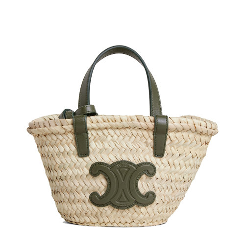 CELINE/赛琳 22新款PANIER TRIOMPHE系列 女士迷你款卡其绿色牛皮革棕榈叶编织单肩手提篮包10J392EH6.15KH