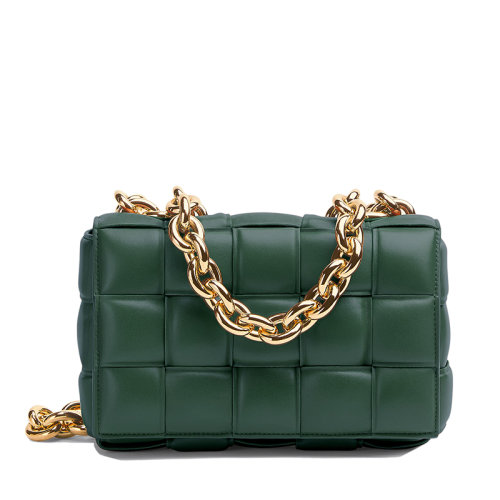 Bottega Veneta/葆蝶家 21新款CHAIN CASSETTE系列 女士雨林绿小羊皮编织金链单肩斜挎豆腐包631421VBWZ03035