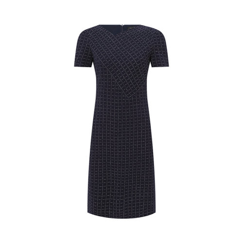 St. John/盛蔷藏蓝色格纹针织斜V领修身短袖女士连衣裙K11X021