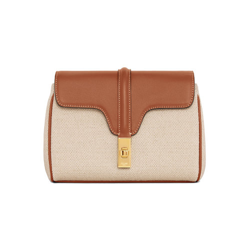 CELINE/赛琳 23春夏新款 女士迷你自然色/棕褐色织物配皮金色金属纽扣调节拆卸皮革肩带单肩斜挎包10L352ERI.02NT