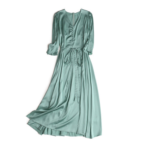 GeleiStory/GeleiStory春夏女装新款舒适百搭裙子系带收腰纯色仿醋酸连衣裙女 女装＞女士裙装＞女士连衣裙