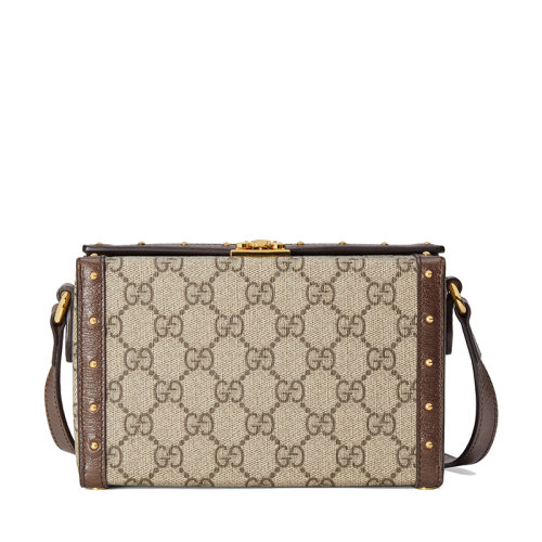 预售1-2周 GUCCI/古驰 21新款 男女同款经典米色双G老花帆布棕色皮革滚边方形翻盖斜挎单肩手机包678460HUHEG8358
