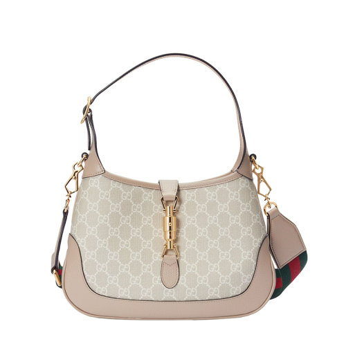 GUCCI/古驰 22春夏新款Jackie 1961系列 女士小号米白色老花帆布配皮红绿织带金扣单肩腋下包678843UULAG9682