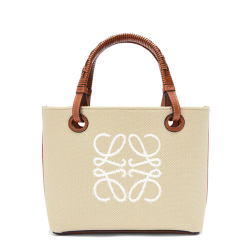 LOEWE/罗意威 22春夏新款Anagram Tote系列 女士迷你米色织物棕褐色小牛皮手柄手提托特包A717S74X01-2426
