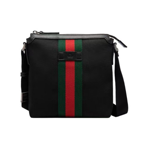 GUCCI|古驰 红绿条纹织带 皮革徽标 帆布拼皮 邮差包 单肩斜挎包 男款 黑色