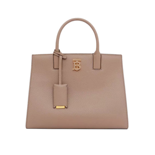 BURBERRY/博柏利 22新款 女士浅咖色粒面皮革开盖磁扣开合皮革提手拆卸调节肩带字母抛光金属配件单肩斜挎手提包80584371