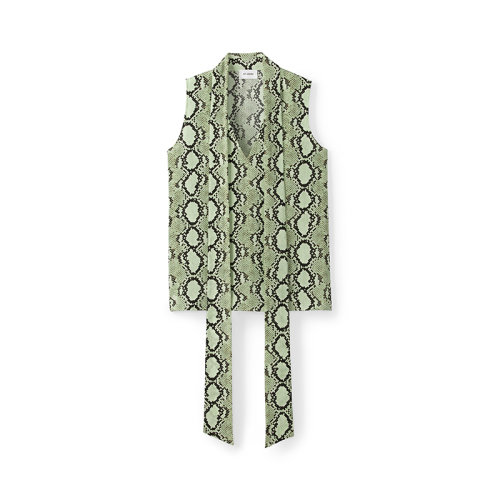 St.John/盛蔷21春夏女士短袖衬衫绿色蛇纹真丝桑蚕丝无袖背心上衣K913C03