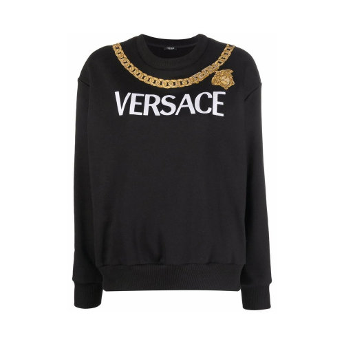 VERSACE/范思哲 女士黑色棉质徽标印花装饰圆领长袖上衣卫衣 1004131-1A01174-1B000