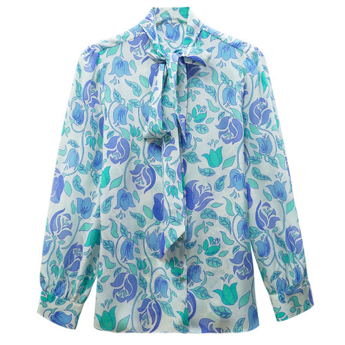 GeleiStory/GeleiStory 春夏新款飘带薄款垂感长袖桑蚕丝上衣真丝衬衫女印花  女装＞女士衬衫＞女士长袖衬衫