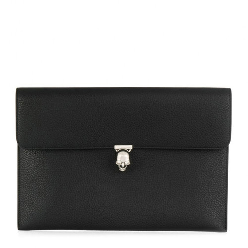 Alexander McQueen/亚历山大麦昆 女士黑色皮革银骷髅头按扣翻盖钱包手拿包女包 554197-1DD01-1000