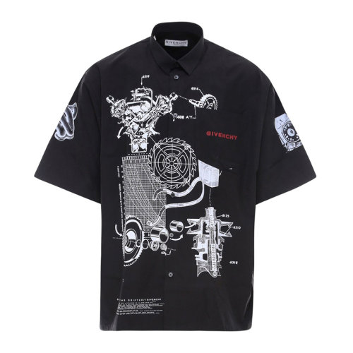 GIVENCHY 纪梵希 男士服装  黑色翻领印花棉质衬衫 男士短袖衬衫