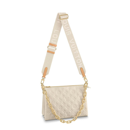 Louis Vuitton/路易威登 经典款COUSSIN系列 女士小号奶油白羊皮革老花压印金链配可拆卸肩带单肩斜挎手提链条法棍包M57793