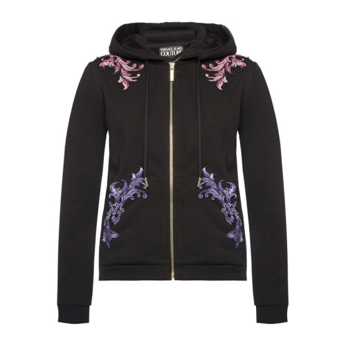 VERSACE JEANS/范思哲牛仔 女士黑色棉质混纺涤纶经典字母徽标印花装饰拉链开合长袖上衣外套连帽衫运动衫 B6HUB773-30282-899