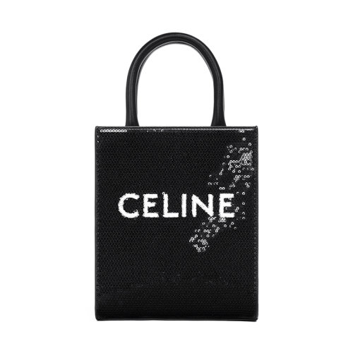 CELINE/赛琳 22新款VERTICAL系列 女士迷你黑色亮片配皮饰白色徽标字母印花单肩斜跨手提托特包194373ENX.38AW