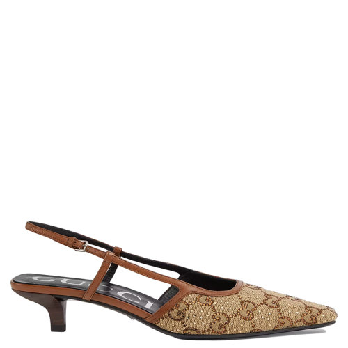 GUCCI/古驰 22年早春新款 情人节系列 女士米色和驼色饰水晶GG帆布后系带浅口鞋6754419SF102583